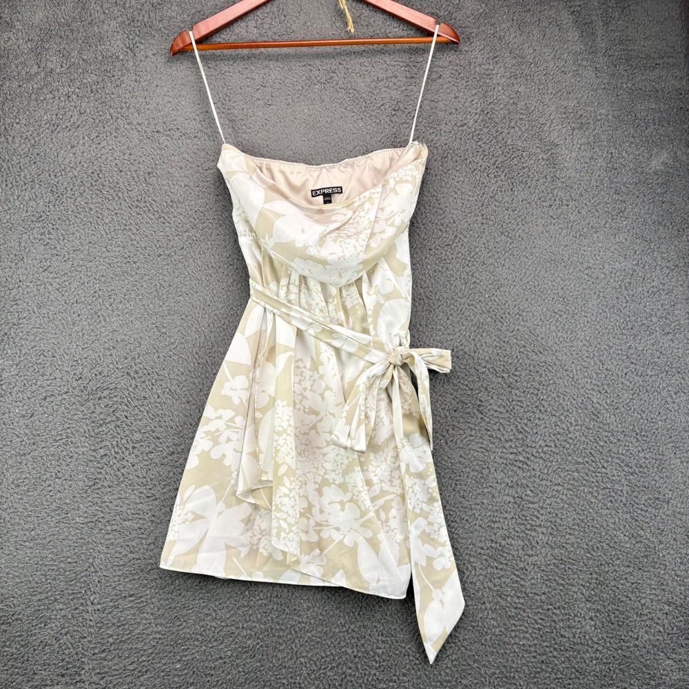 Express Womens Strapless Cowl Neck Floral‎ Mini Dress Tan White Size 2